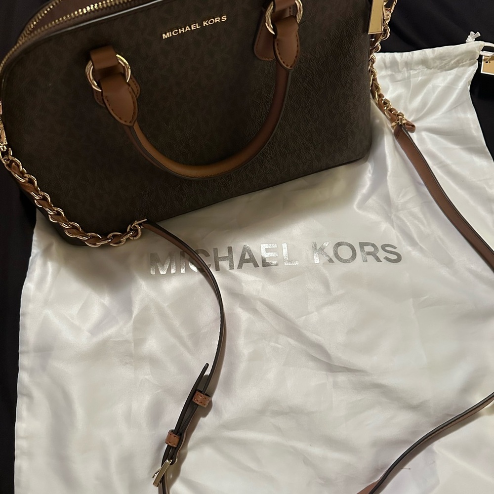 Michael Kors Dark Brown Satchel with Gold Accents and Dust cover